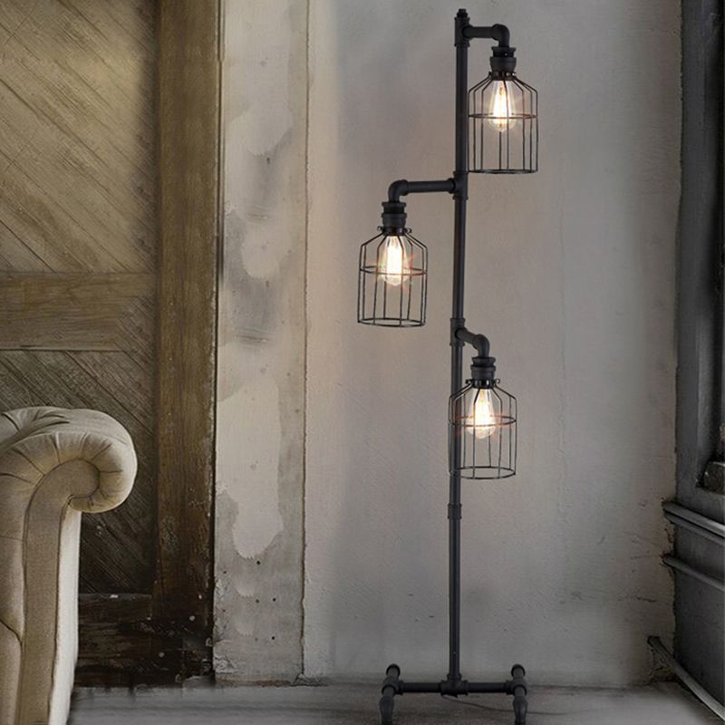 Alessio Vogelkäfige Schwarze Stehlampe, 3-flammig, 150CM Lang - Lumpaz
