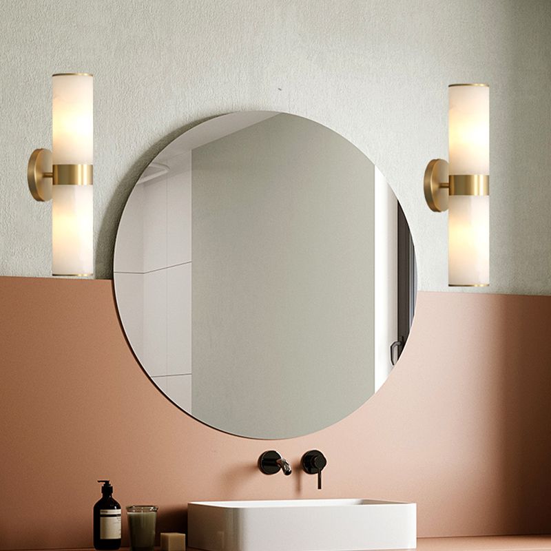 Chan Zylinder Doppelkopf Wandleuchte, Dolomit & Messing, 44CM Lang - Lumpaz