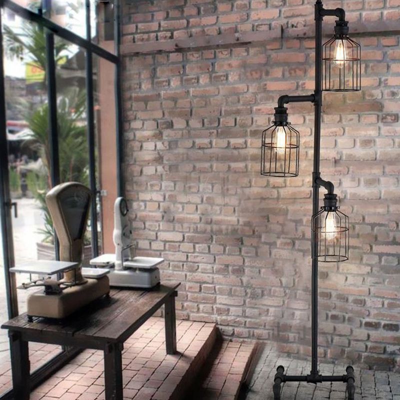Alessio Vogelkäfige Schwarze Stehlampe, 3-flammig, 150CM Lang - Lumpaz