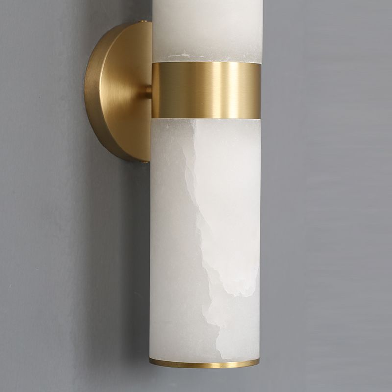 Chan Zylinder Doppelkopf Wandleuchte, Dolomit & Messing, 44CM Lang - Lumpaz