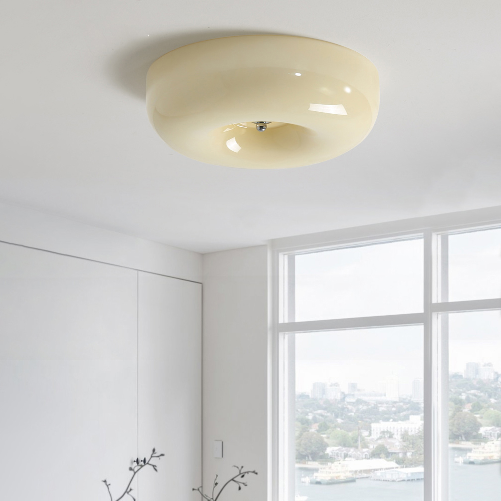 Cream Round Ceiling Lamp Simple Glass Ceiling Light For Bedroom - Lumpaz