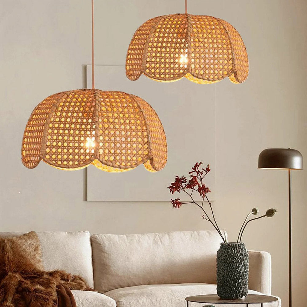Short Round Rattan Natural Woven Lampshade Pendant Light - Lumpaz