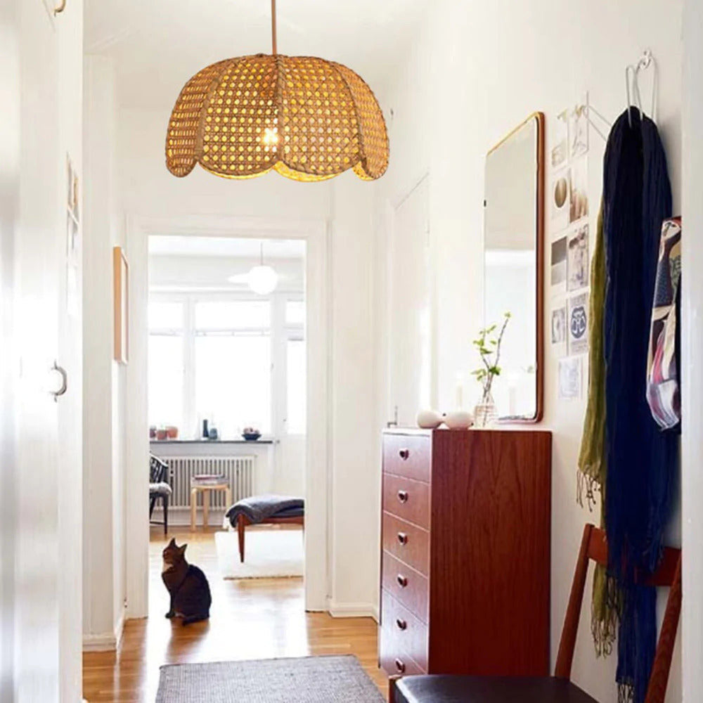 Short Round Rattan Natural Woven Lampshade Pendant Light - Lumpaz