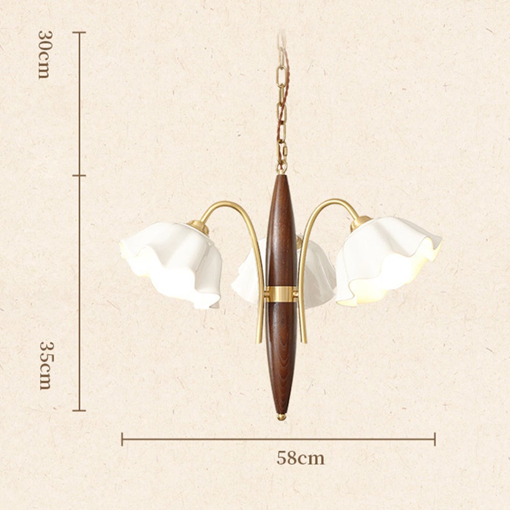 Vintage Ceramic Flower Shape Hanging Light Walnut Brass Chandelier - Lumpaz