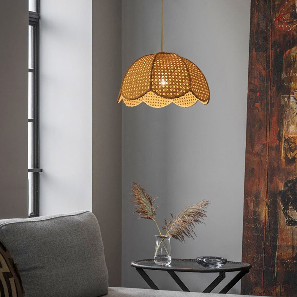 Short Round Rattan Natural Woven Lampshade Pendant Light - Lumpaz