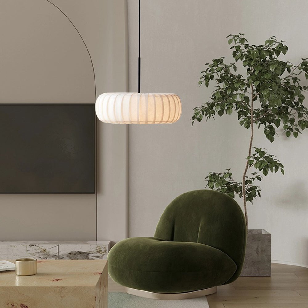 Wabi-Sabi White Fabric Drum Pendant Light - Lumpaz
