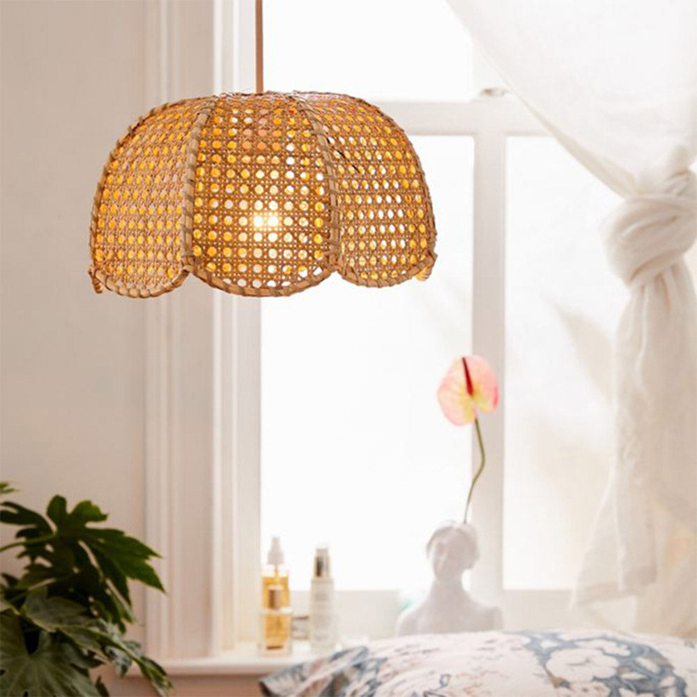 Short Round Rattan Natural Woven Lampshade Pendant Light - Lumpaz