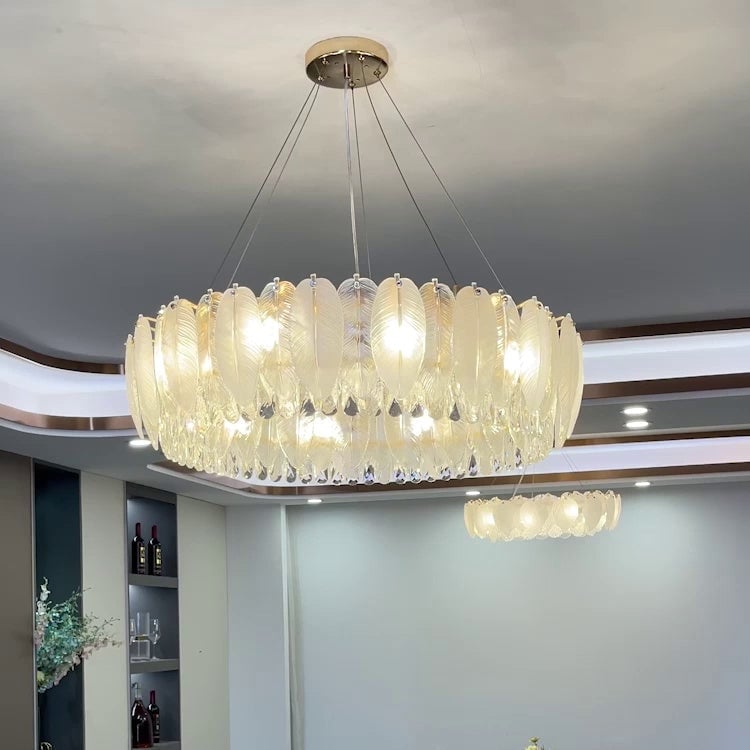 Feather Shape Crystal Glass Round Chandelier - Lumpaz