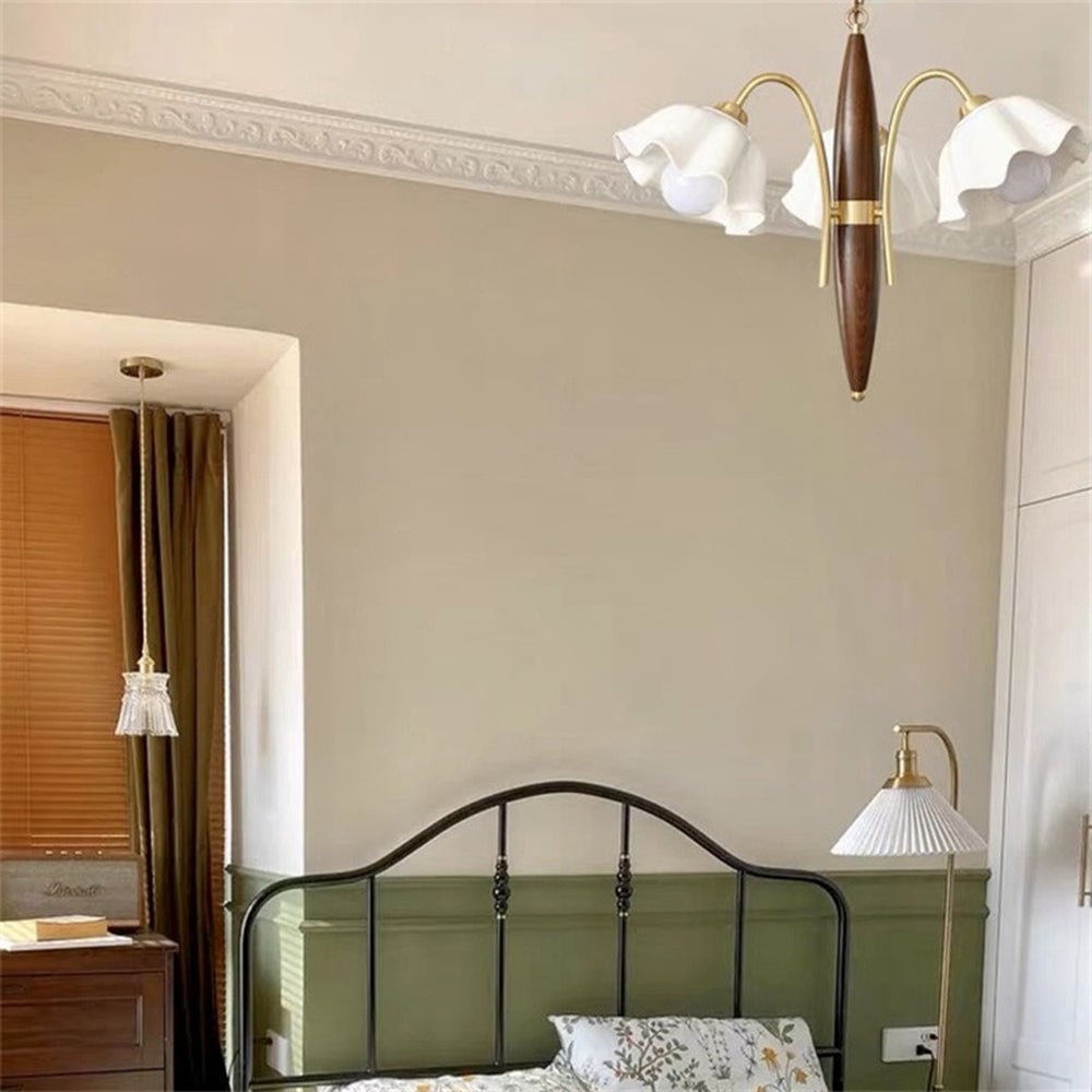 Vintage Ceramic Flower Shape Hanging Light Walnut Brass Chandelier - Lumpaz