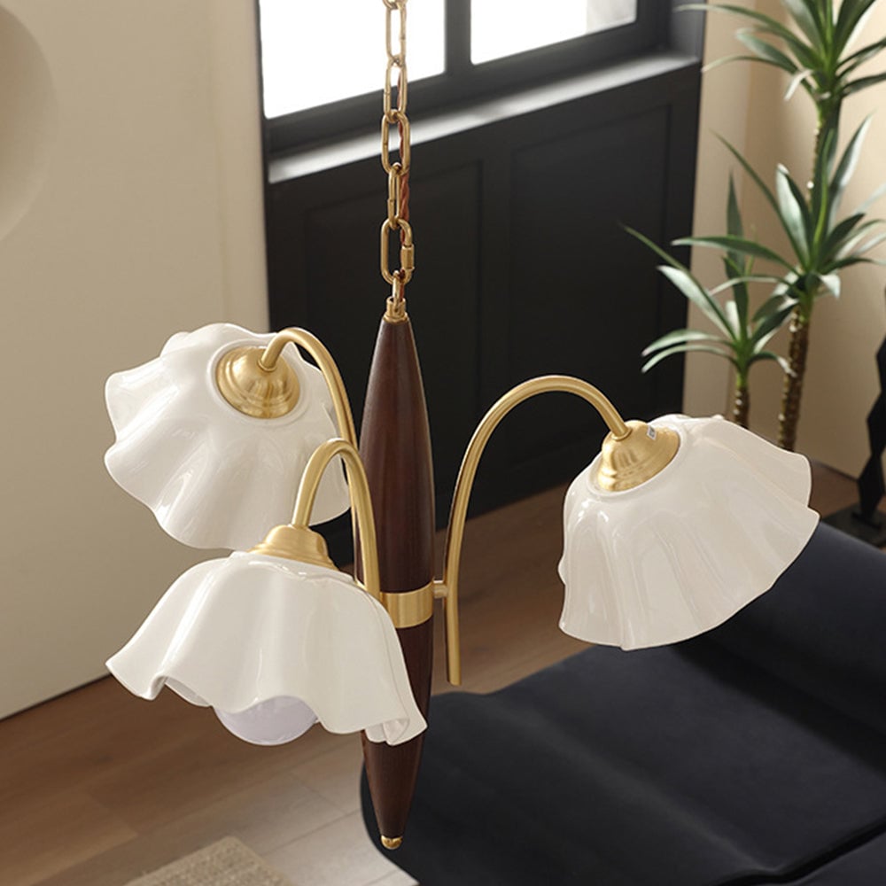 Vintage Ceramic Flower Shape Hanging Light Walnut Brass Chandelier - Lumpaz