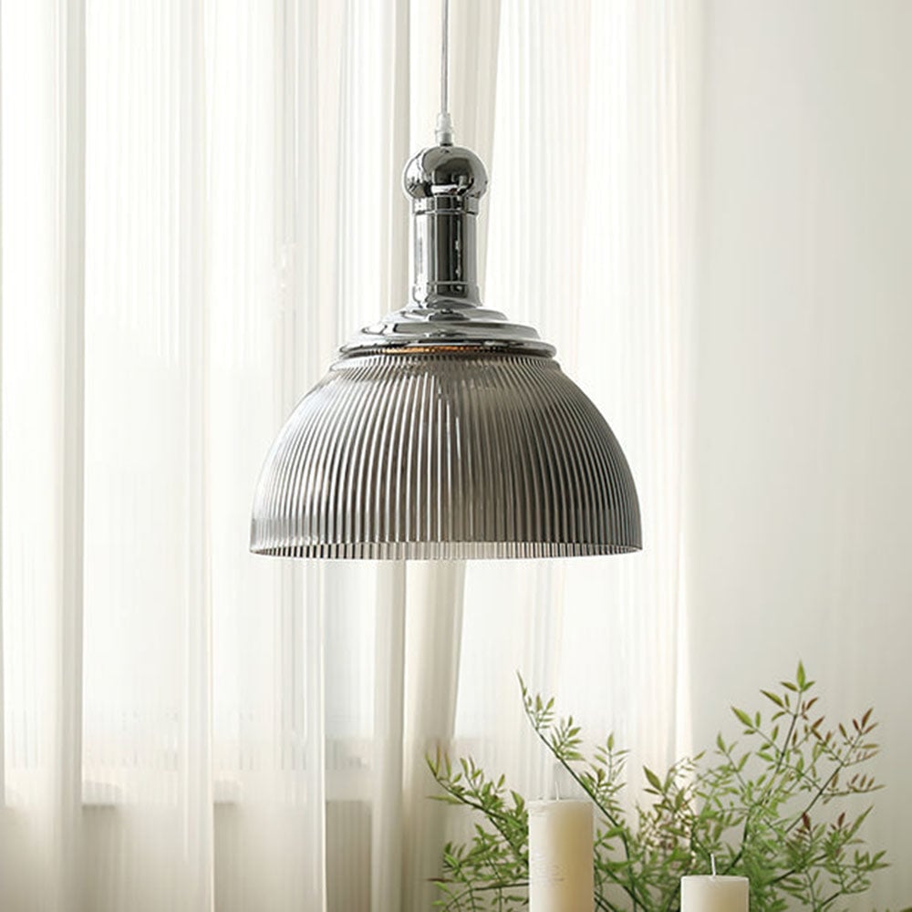 Vintage Glass Ribbed Chrome Pendant Light - Lumpaz