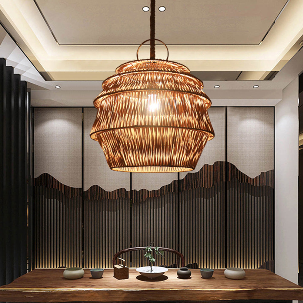 Retro Rattan Basket Pendant Light For Living Room - Lumpaz