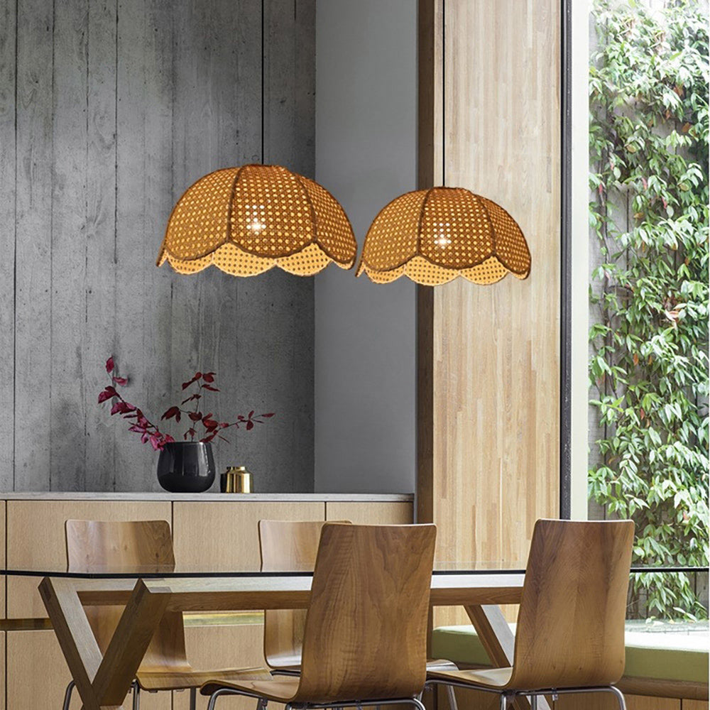 Short Round Rattan Natural Woven Lampshade Pendant Light - Lumpaz