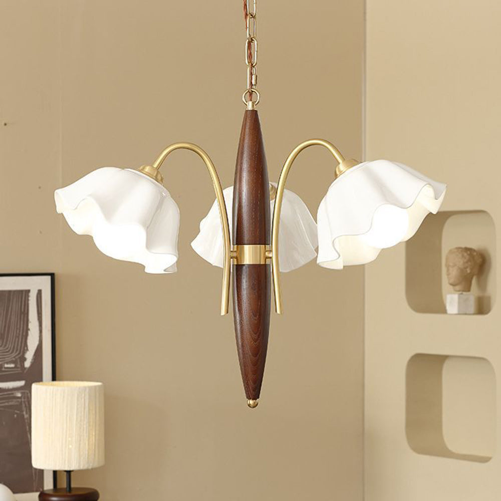 Vintage Ceramic Flower Shape Hanging Light Walnut Brass Chandelier - Lumpaz