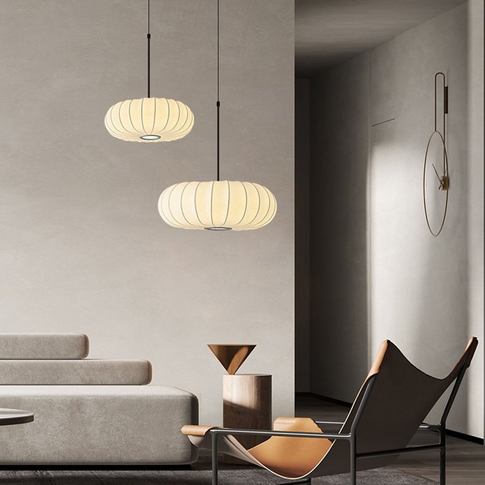 Wabi-Sabi White Fabric Drum Pendant Light - Lumpaz