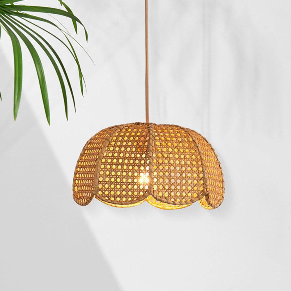 Short Round Rattan Natural Woven Lampshade Pendant Light - Lumpaz