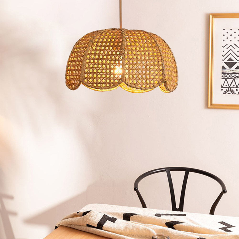Short Round Rattan Natural Woven Lampshade Pendant Light - Lumpaz