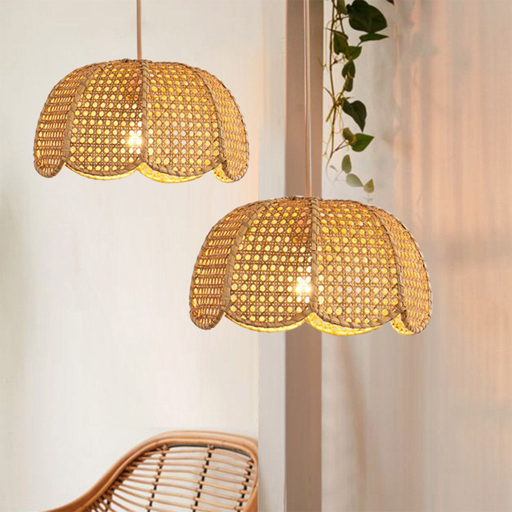 Short Round Rattan Natural Woven Lampshade Pendant Light - Lumpaz