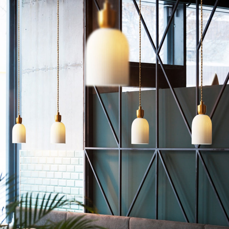 Retro Pleated Ceramic Brass Cocoon Pendant Lamp - Lumpaz