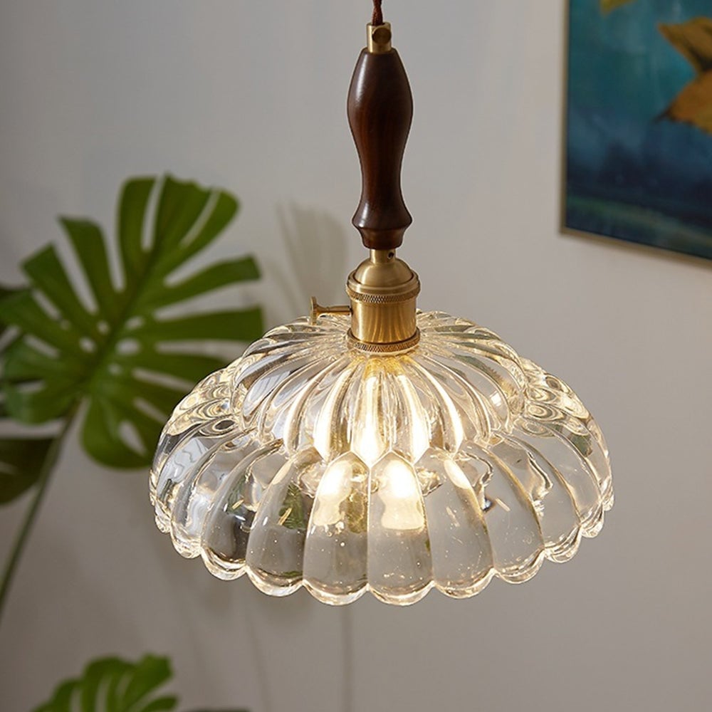 Contemporary Copper Glass Pendant Light with Wooden Handle - Lumpaz