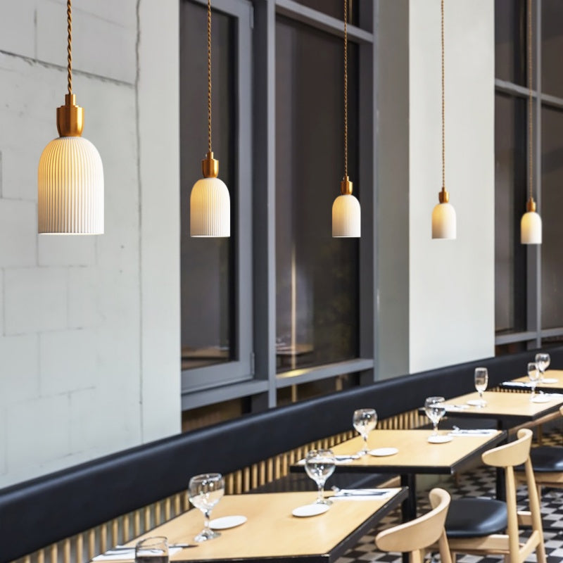 Retro Pleated Ceramic Brass Cocoon Pendant Lamp - Lumpaz