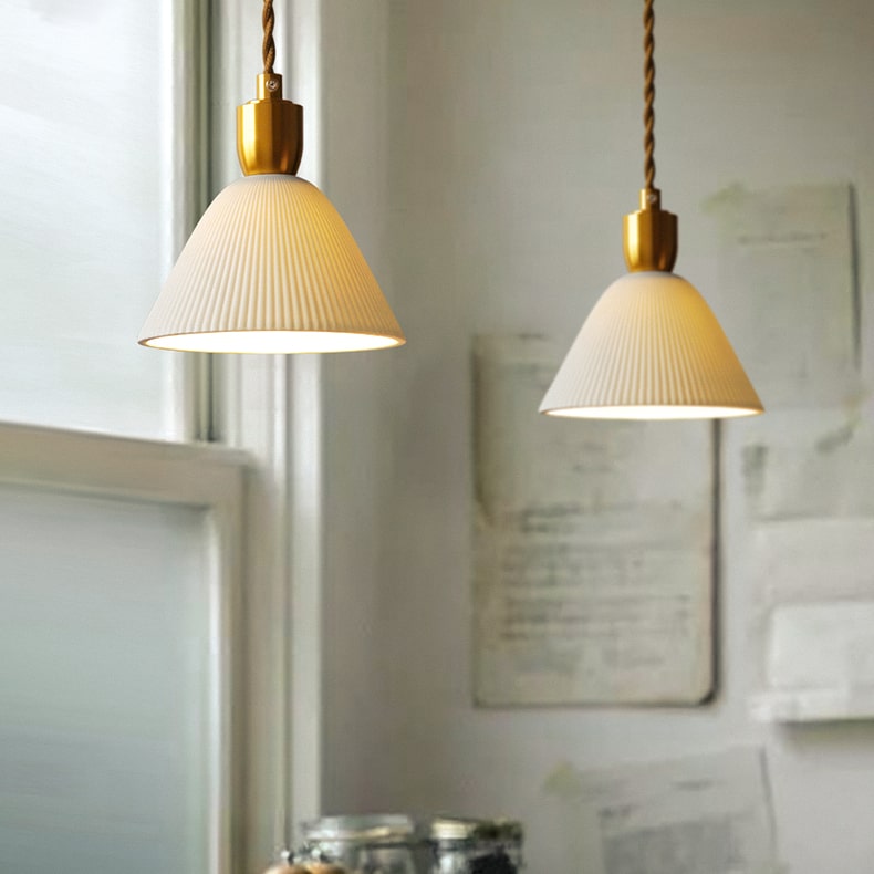 Retro Pleated Ceramic Brass Cocoon Pendant Lamp - Lumpaz