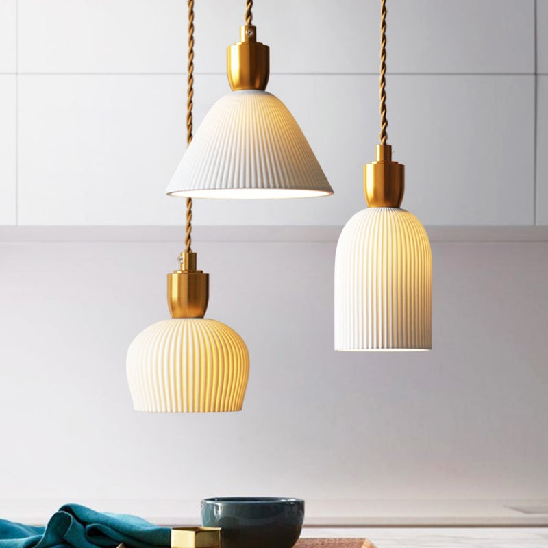 Retro Pleated Ceramic Brass Cocoon Pendant Lamp - Lumpaz