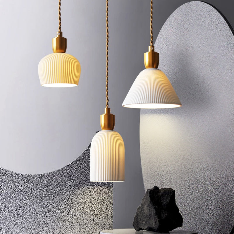 Retro Pleated Ceramic Brass Cocoon Pendant Lamp - Lumpaz