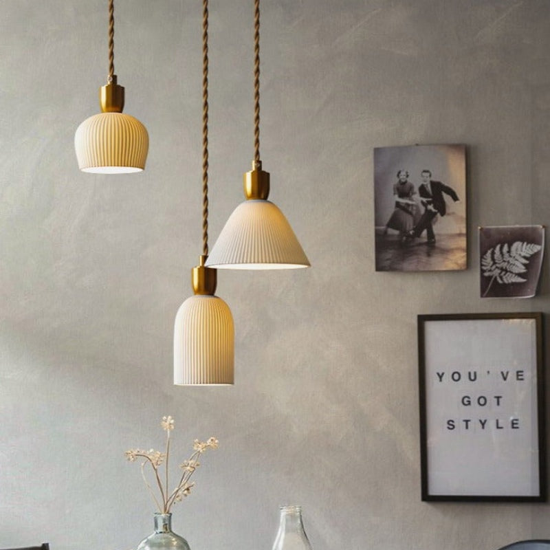 Retro Pleated Ceramic Brass Cocoon Pendant Lamp - Lumpaz