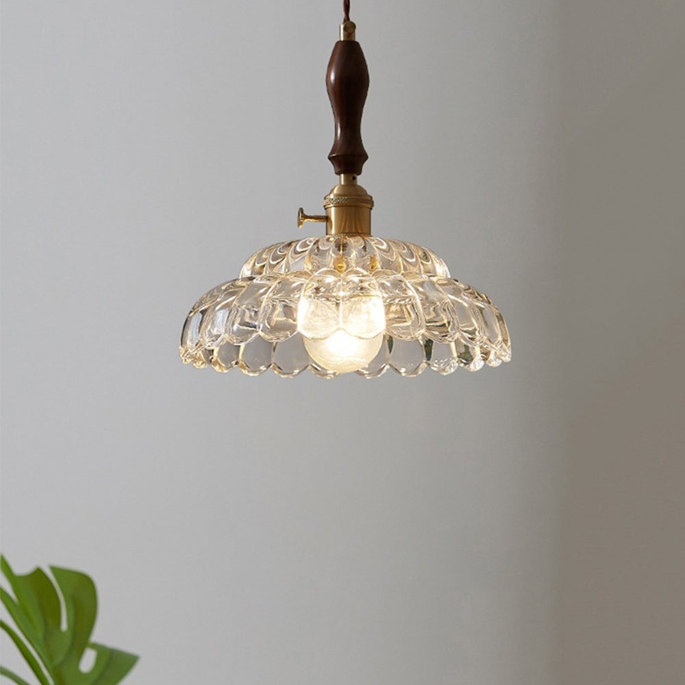 Contemporary Copper Glass Pendant Light with Wooden Handle - Lumpaz
