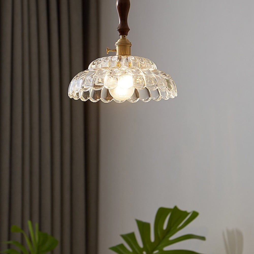 Contemporary Copper Glass Pendant Light with Wooden Handle - Lumpaz