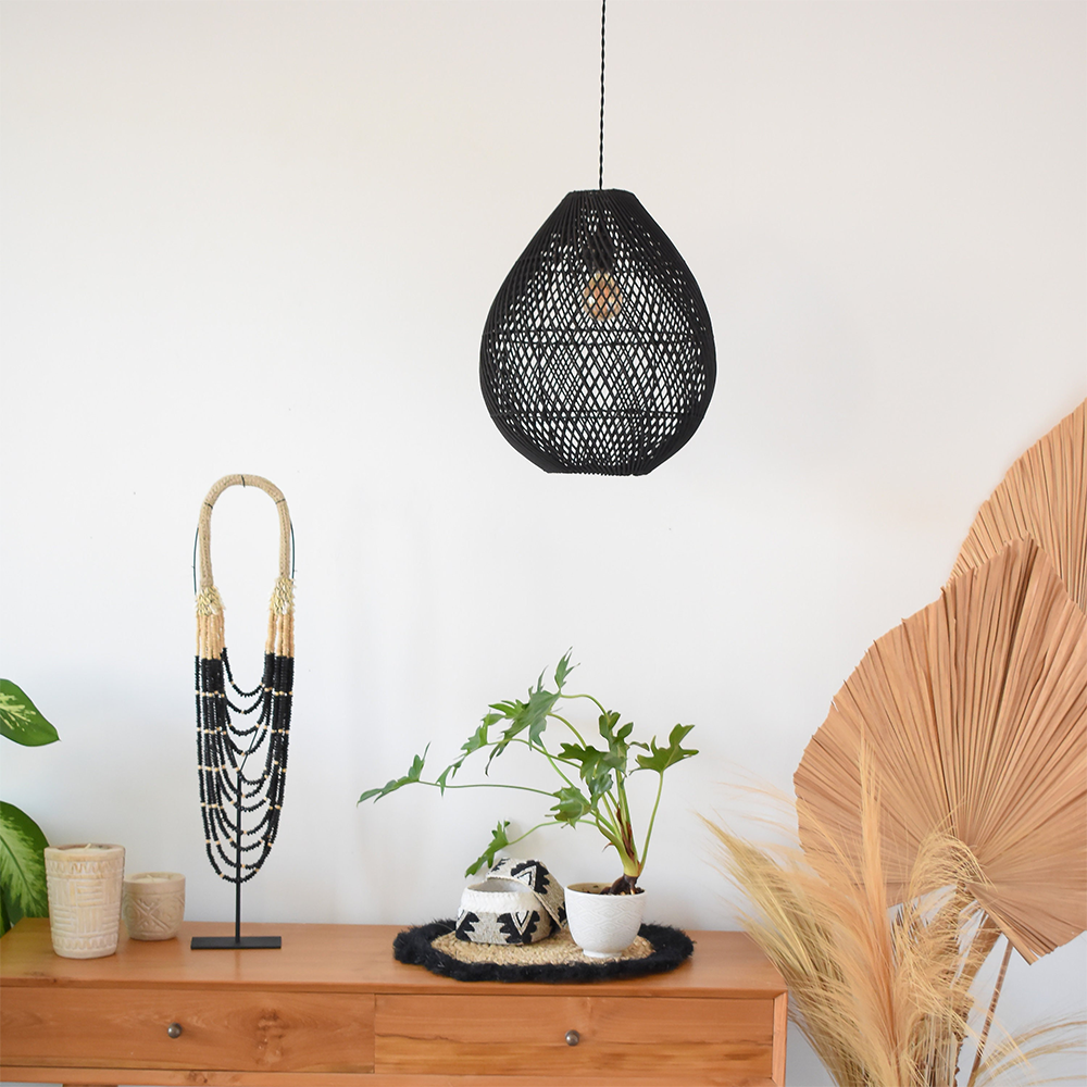 Boho Rattan Handwoven Black Pendant Light - Lumpaz