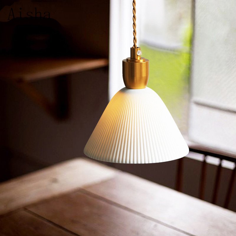 Retro Pleated Ceramic Brass Cocoon Pendant Lamp - Lumpaz