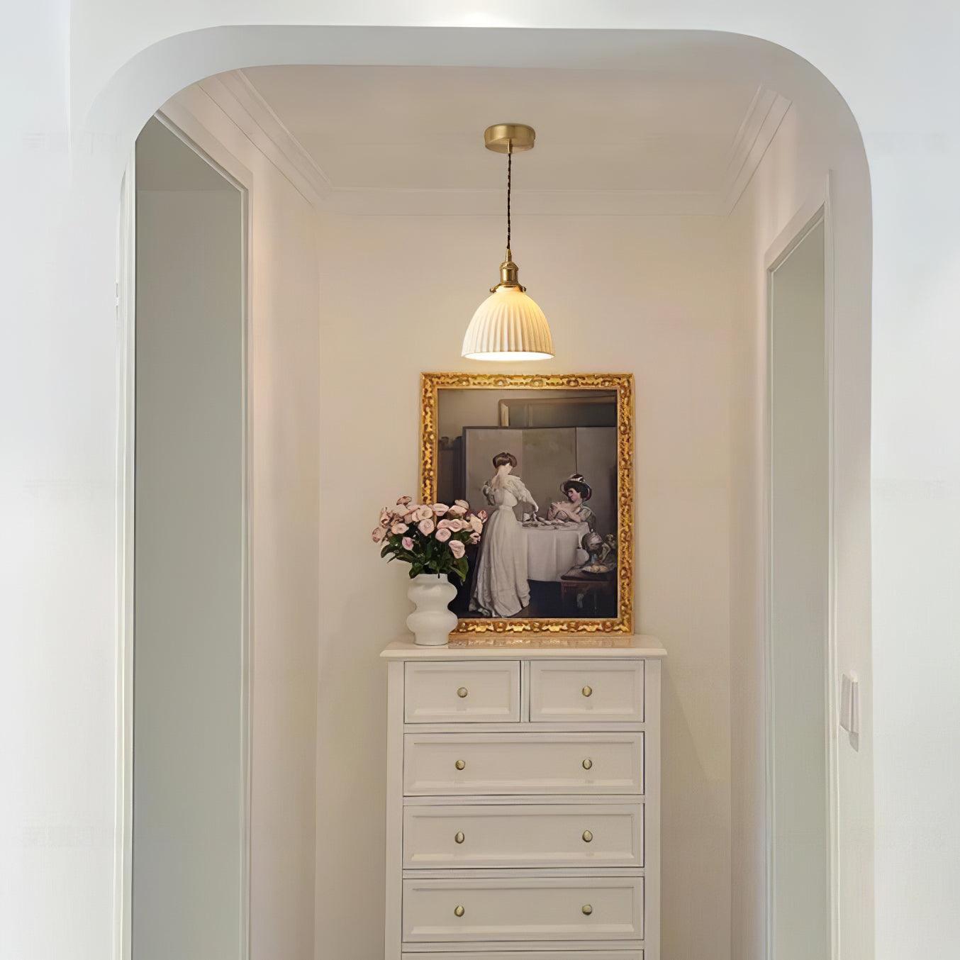 Brass Pleated Ceramic Pendant Lamp - Lumpaz