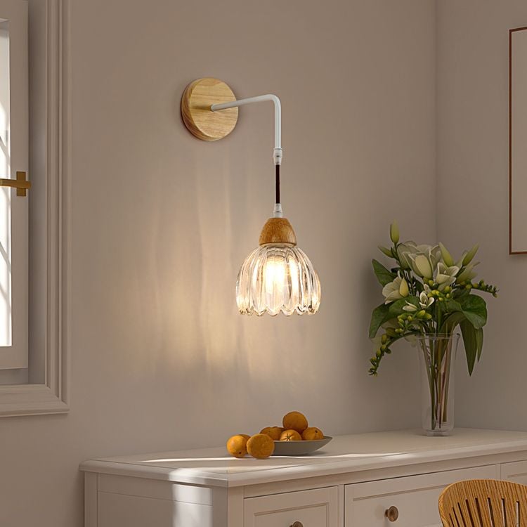 Lily Pleated Clear Wooden Bedroom Vanity Wall Lamp - Lumpaz