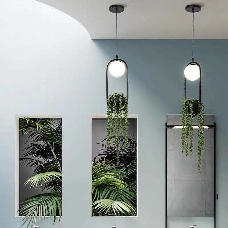 Natural Plant Pot Ball Metal Pendant Light, Black/Green - Lumpaz