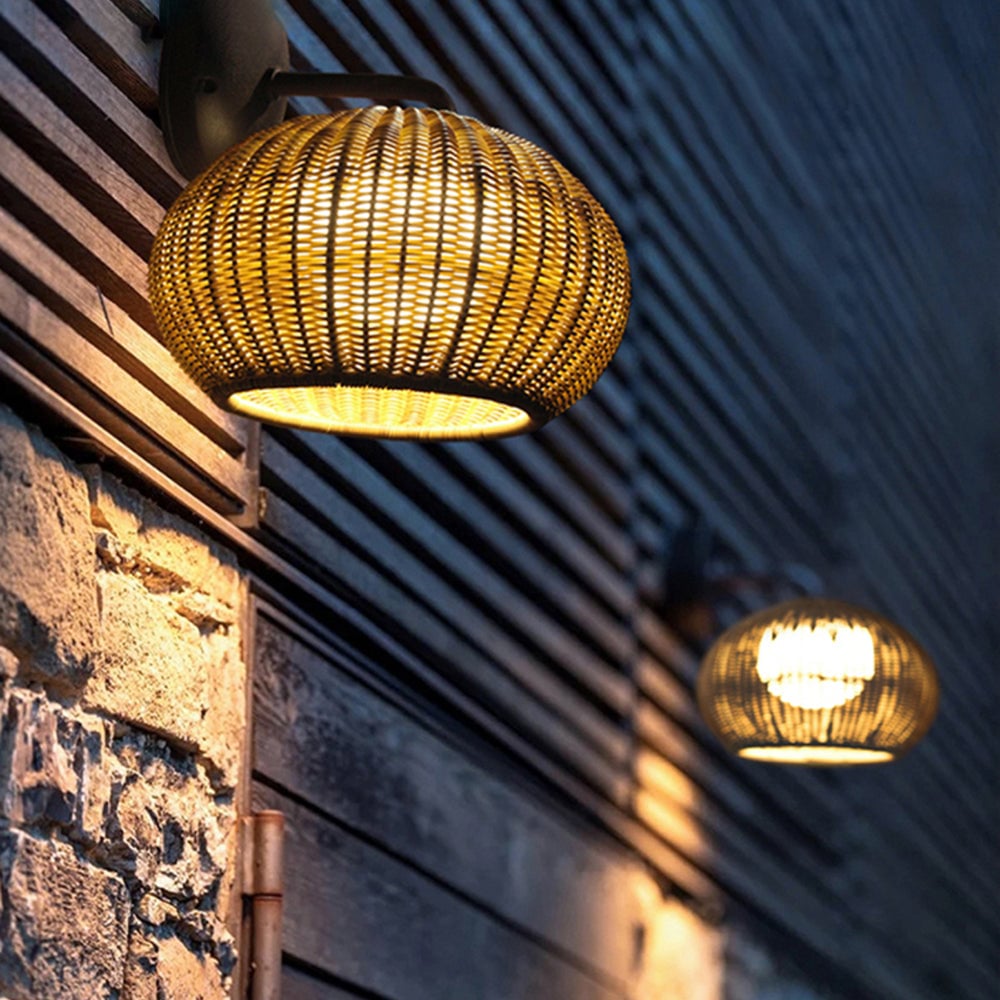 Ritta Farmhouse Metal/Rattan Outdoor Wall Lamp, Log Color - Lumpaz