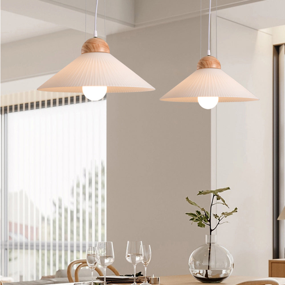 Ozawa Designer Pleated Brown Wood/Glass Pendant Light - Lumpaz