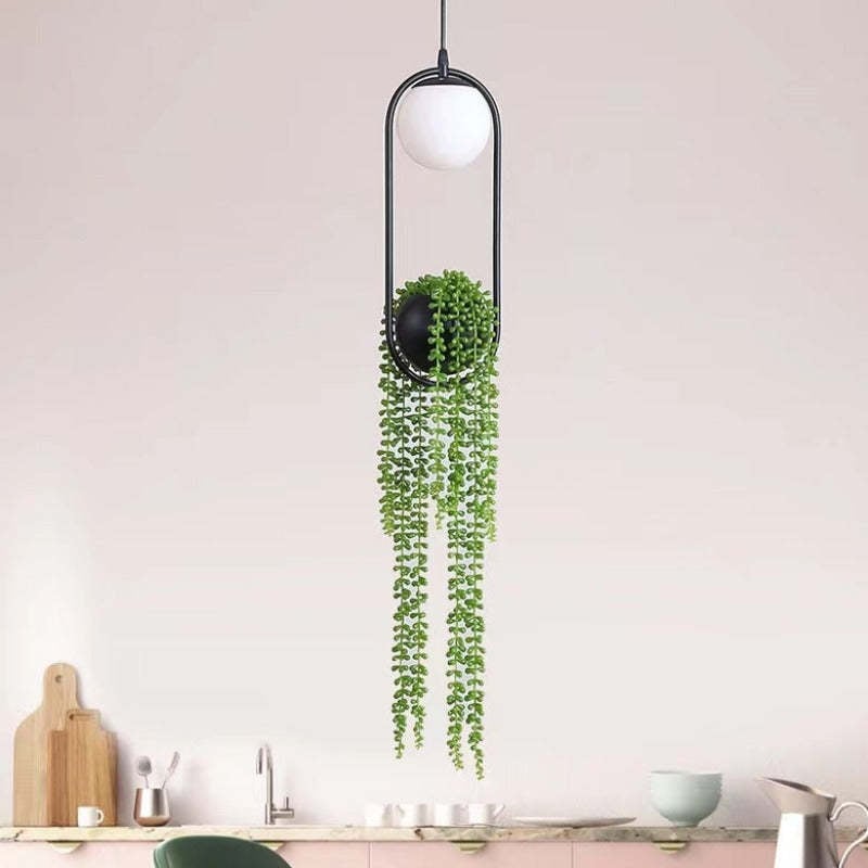 Natural Plant Pot Ball Metal Pendant Light, Black/Green - Lumpaz