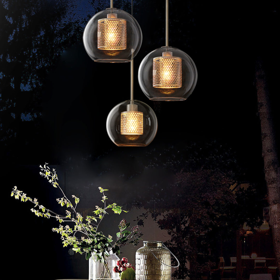 Oneal Contemporary Golden Pendant Light, Metal/Glass, Globe/Cylindric - Lumpaz