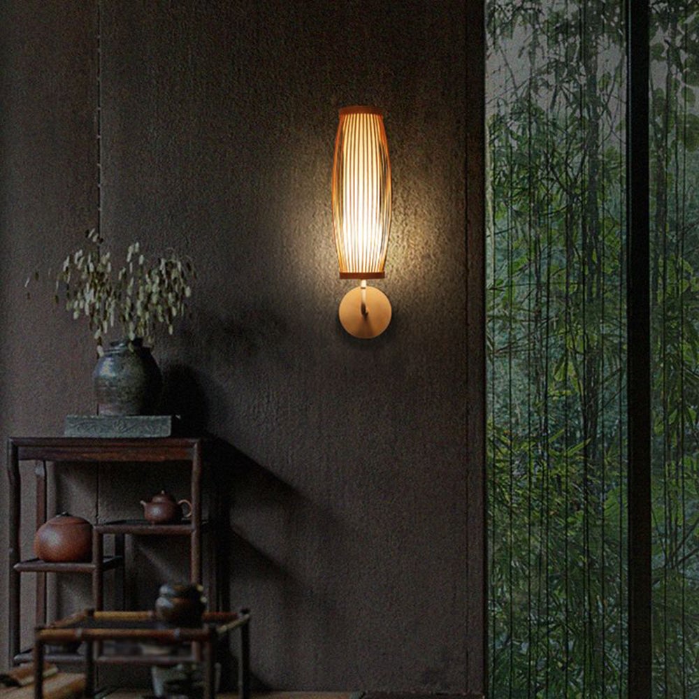 Muto Japanese Cylindrical Rattan Wall Lamp Bamaoo Bedroom - Lumpaz