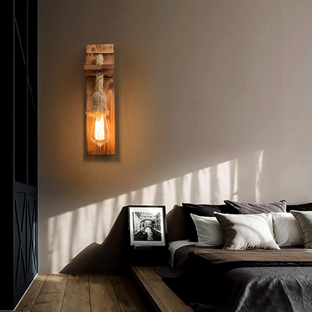 Austin Vintage Rectangular LED Wall Light, Wood/Hemp Rope, Dining Room - Lumpaz