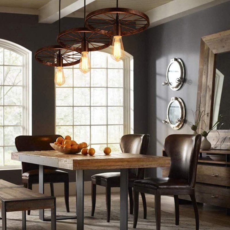 Alessio Retro Industrial Wagon Wheel Metal Pendant Light, Black/Rust - Lumpaz