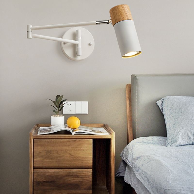 Ozawa Nordic Can Shaped Adjustable Wall Lamp, Metal/Wood, White - Lumpaz