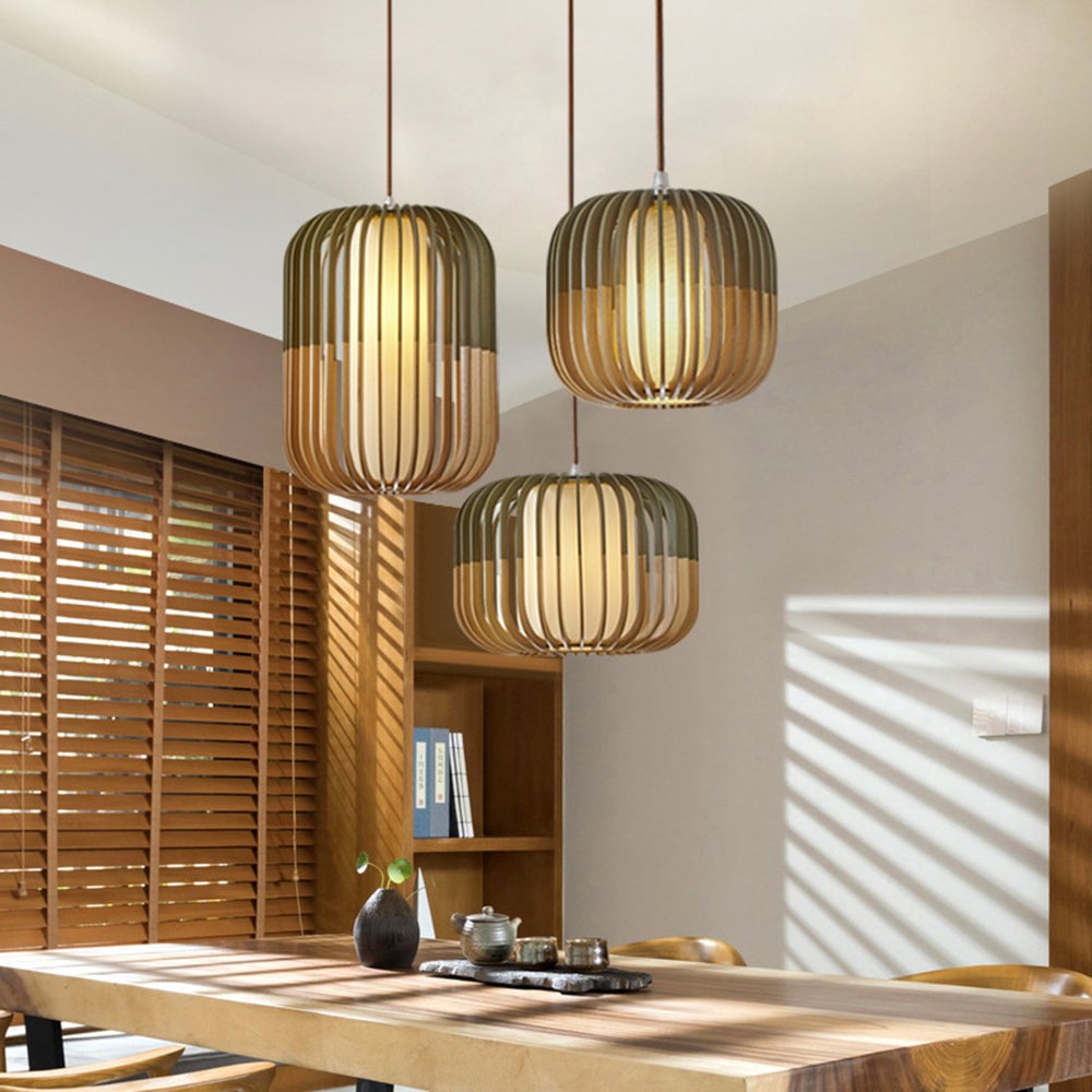 Ozawa Modern Birdcage Wood/Fabric Pendant Light - Lumpaz