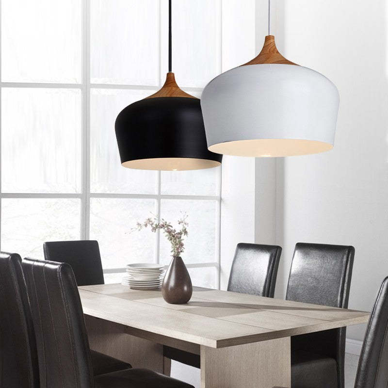 Nazifa Minimalist Metal/Wood Pendant Light, Black/White - Lumpaz