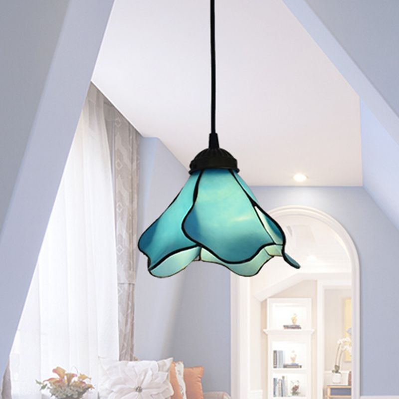 Félicie Flower Stained Glass Pendant Light, Blue/Pink, 1/3 Heads - Lumpaz