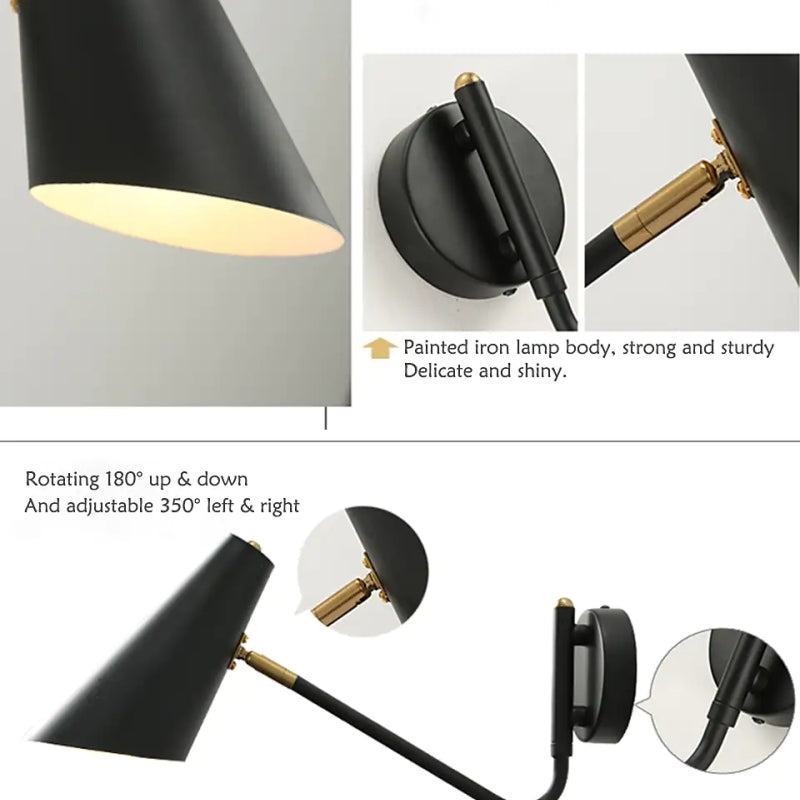 Brady Rotatable Wall Lamp, Black & White & Gold, Bedroom - Lumpaz