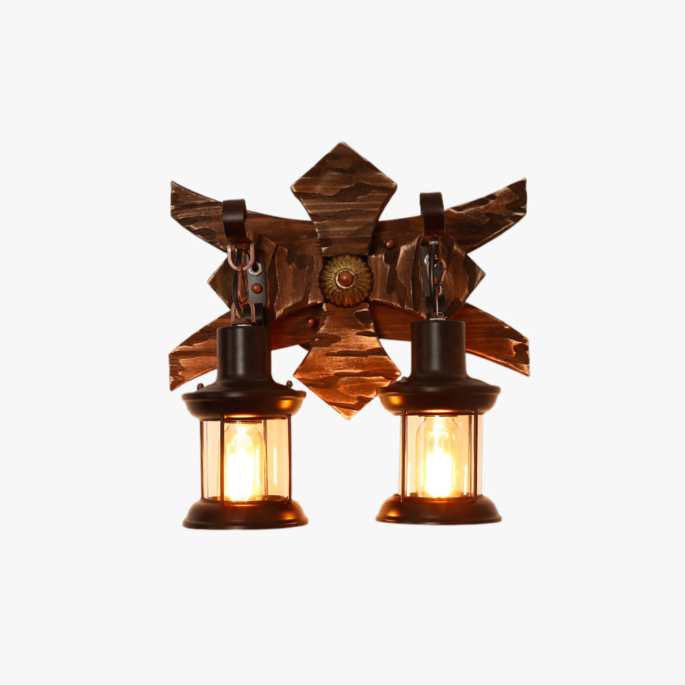Austin Wall Lamp Decorative Vintage Lantern Double Light Wooden, Bedroom - Lumpaz