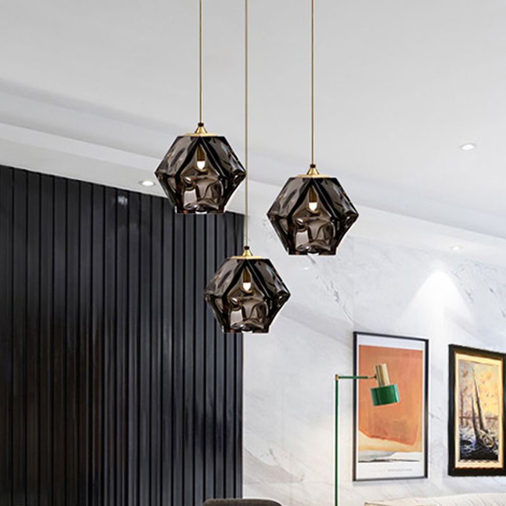 Hailie Modern Glass Multi Polygonal Pendant Light, White/Smoke Gray/Rose Gold - Lumpaz